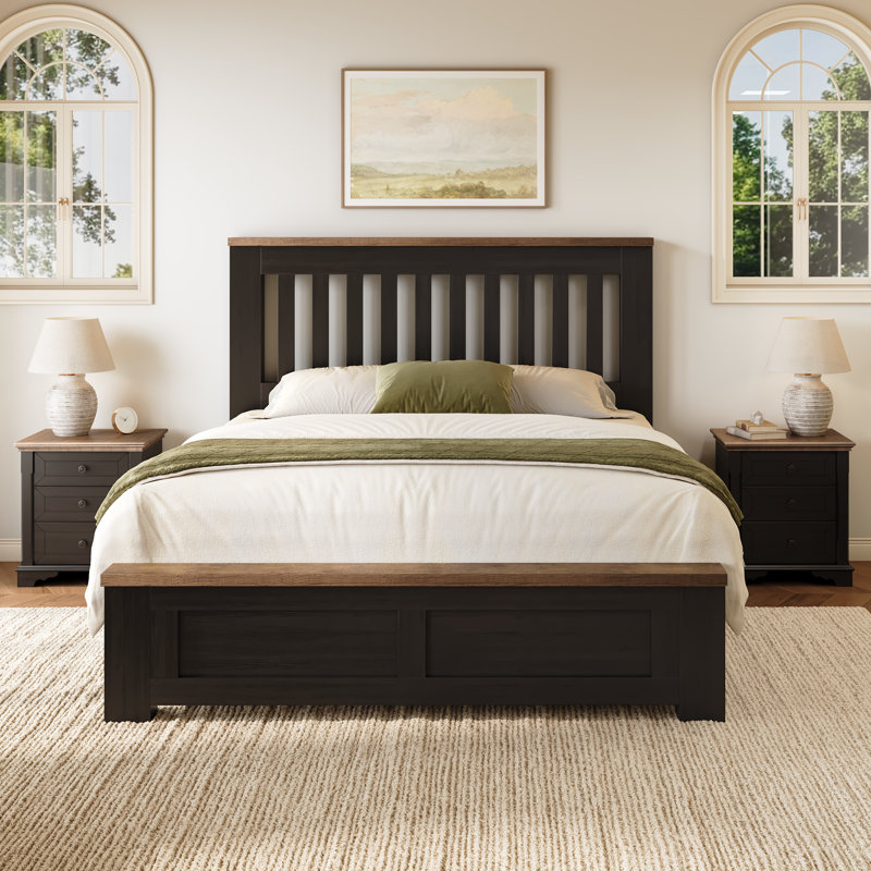 Farmhouse Wooden Panel Bed with Slatted Headboard , Double(4.6'), Black