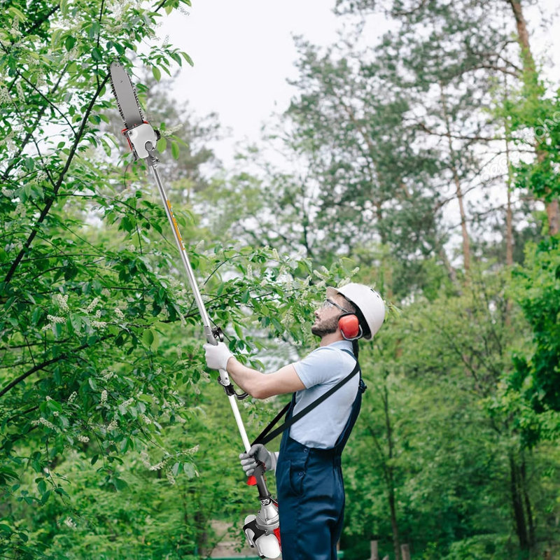 Scie à perche motorisée, 48 cm³, moteur thermique 2 temps, pour l'élagage d'arbres, avec une rallonge sans fil de 4,9 m (16 pi) de longueur et une capacité de coupe de 29 cm (11,5 po). Idéale pour l'élagage, la taille des arbustes et la coupe des branches.