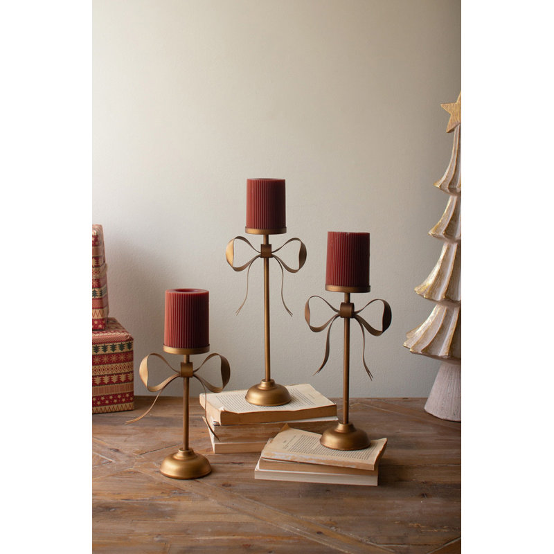  Brass Candle Holders – 13" Tall Pillar Stands with Bows Set of 3