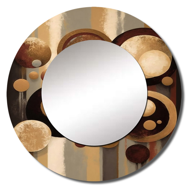 Aged Barrel Universes VI - miroir abstrait, miroir mural rond brun, impression sur métal, 29 po x 29 po