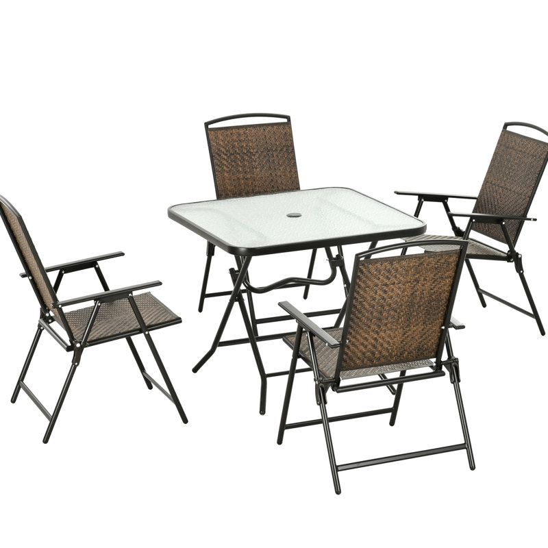 Dark Brown Patio Dining , 5, Foldable, Umbrella Compatible, Tempered Glass Table Chairs And , , Hole Table, Outdoor