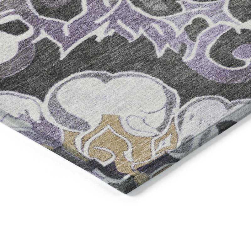 3' X 5' Purple And Charcoal Damask Washable Indoor Outdoor Area Rug