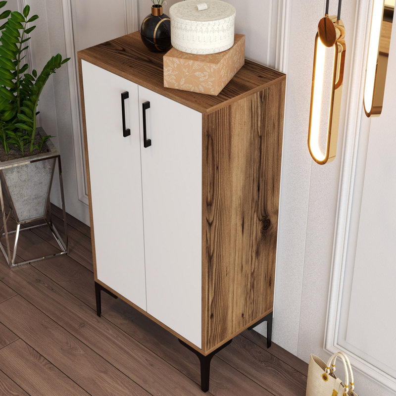 Modern Shoe Cabinet with Metal Legs, Walnut & White Finish, 23.6 x 43.7 x 13.8 inches | 100% Melamine Coated Particle Board, 0.7 inches Thick | Numerous Shelves, Wall-Mountable, Scandinavian Design, Functional Storage Solutions