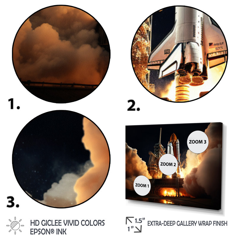 Space Shuttle Captivating Night Launch II - Space Shuttle Canvas Art Print, Cadre doré à une seule photo