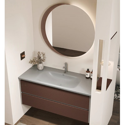 Meuble-lavabo Mid-Century en bois d'hévéa au fini brun avec comptoir Corian