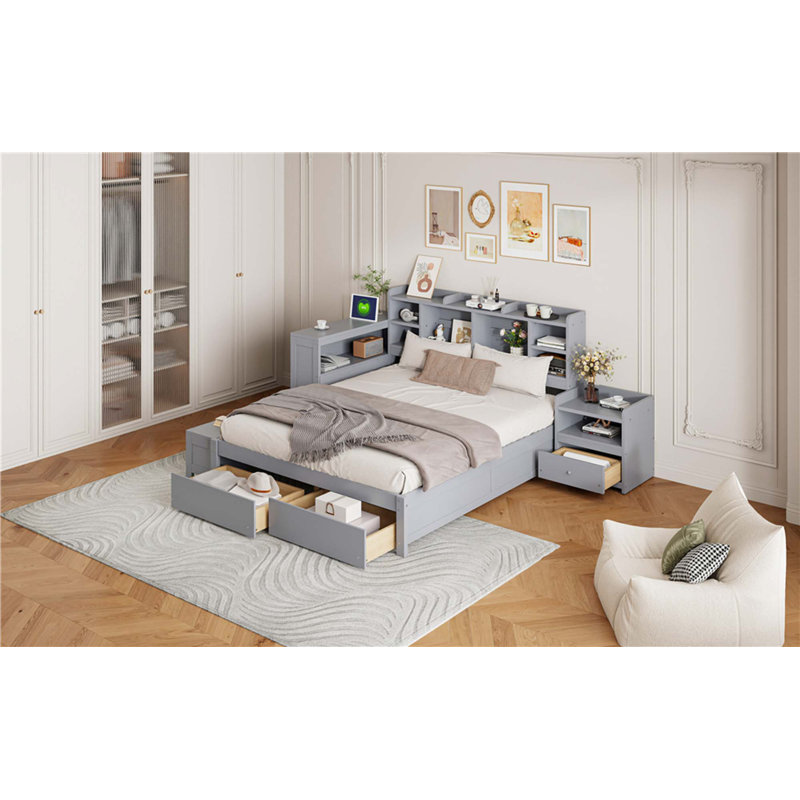 Full Wooden Platform Bed With Multi-Functional Storage Space, Nightstand, 2 Drawers, USB Ports And Desk
