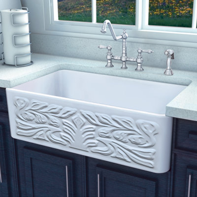 Whitehaus 30” Reversible Single Bowl Fireclay Kitchen Sink: Roman Floral, Fluted Front Apron