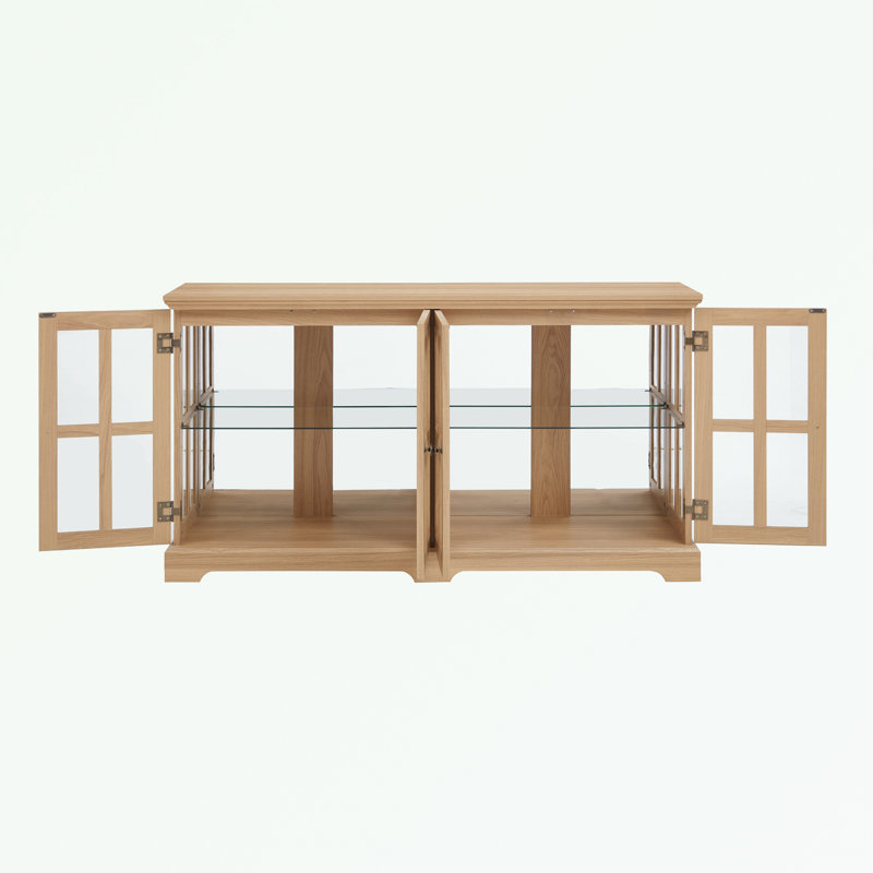 LED light TV Stand with Glass Doors and Adjustable Shelves, Natural