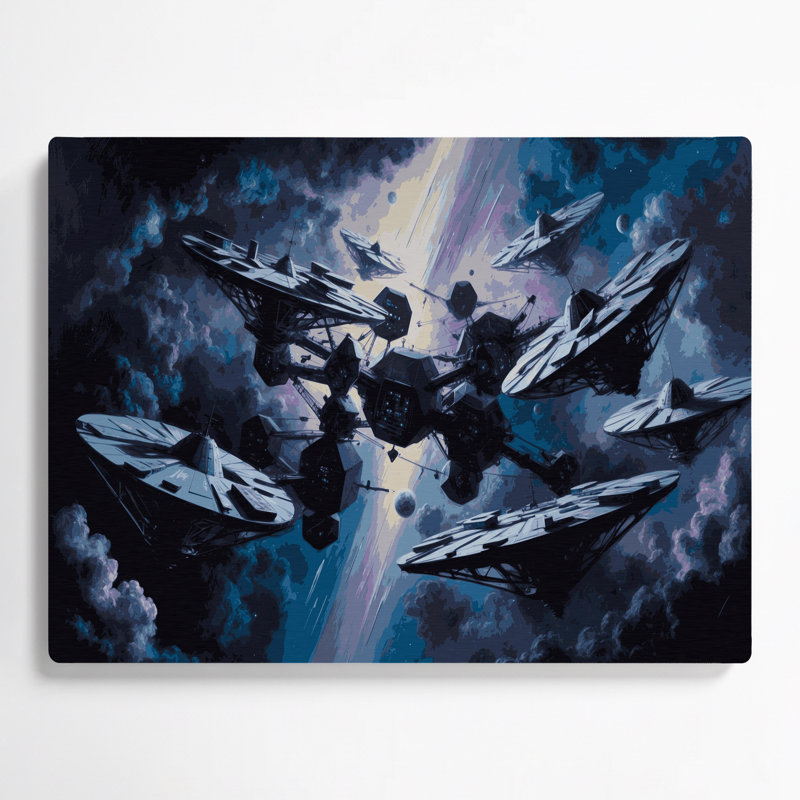 «Space Space station silhouettes», art mural en métal gris, H 240 po x l 288 po x P 0,05 po