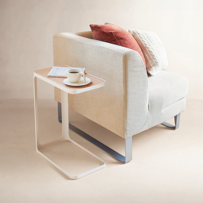 Small Metal And Wood Bedside Compact Side Table - Narrow C Shaped Slim End Table, White