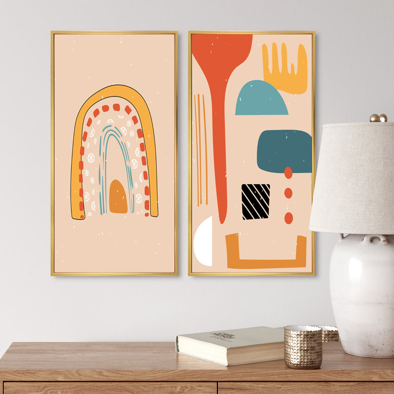 Ensemble de 2 peintures abstraites colorées tendance I, H 20 po x l 24 po x P 1 po, Toile avec cadre doré