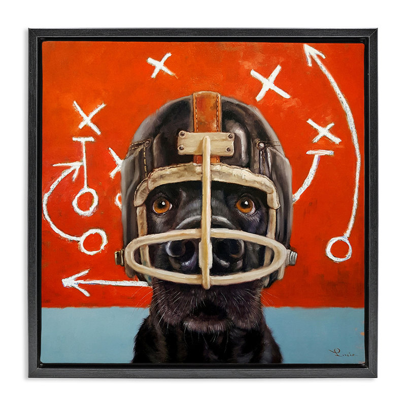 Chien dans un casque de football, H 18 po x l 18 po, Cadre flottant noir de jais