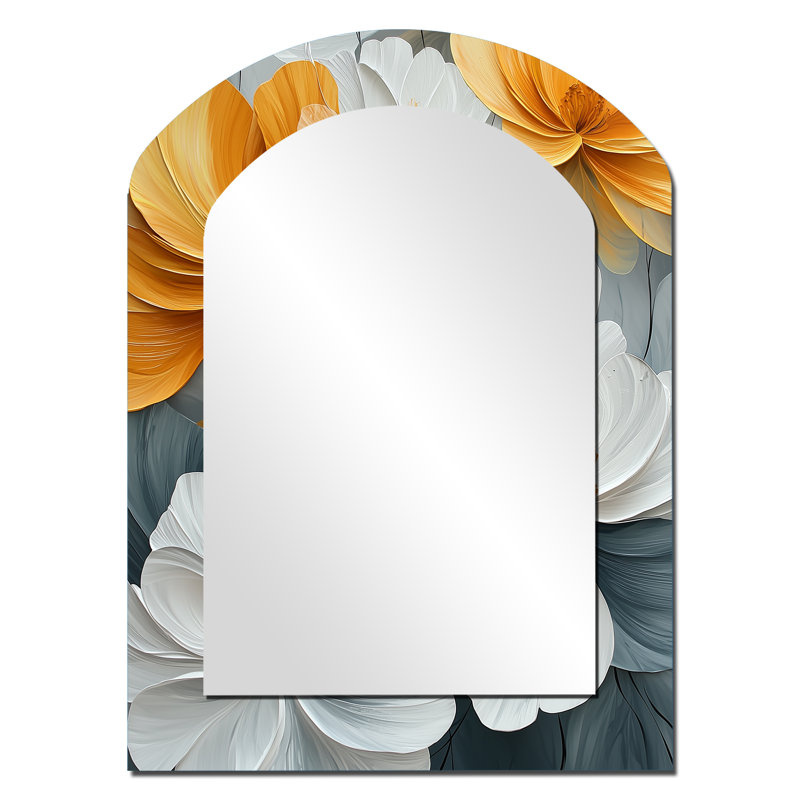 Petals Of Velvet Wildflowers Yellow II - Wildflowers Asymmetrical Wall Mirror, Yellow Arch Decorative Mirror, Printed Metal Art