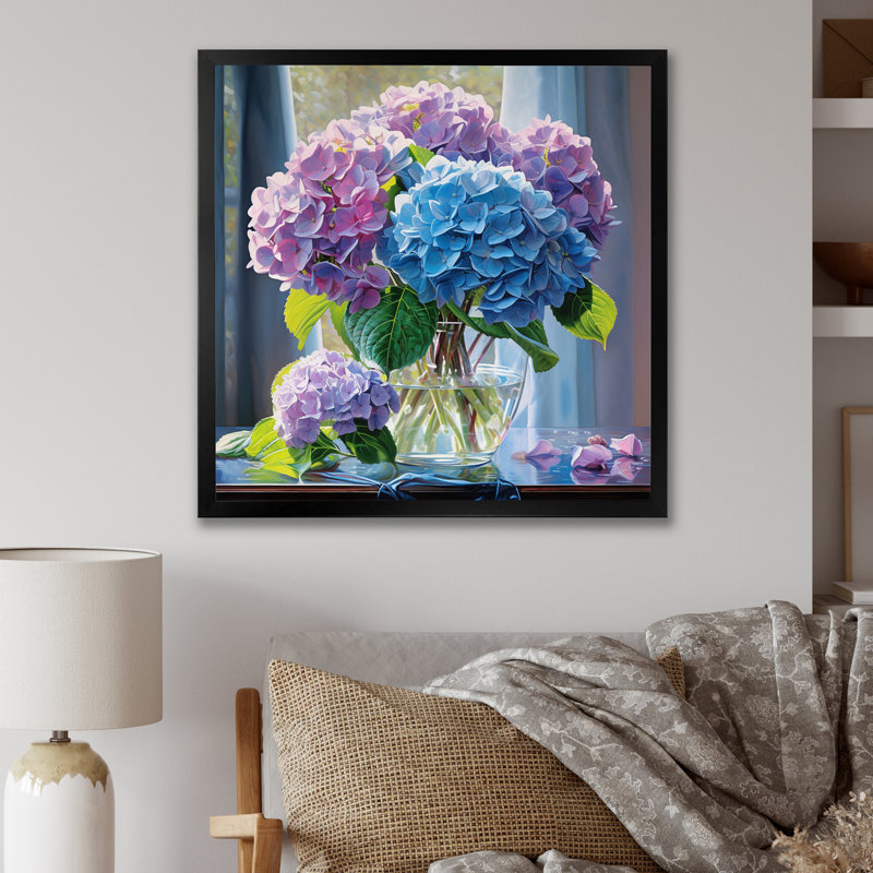 " Blue Purple Hydrangea Graceful Harmony II ", 36" H x 36" W x 1.5" D, Black Picture Framed