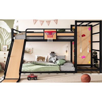 Full Size Metal Loft Bed In Yellow With Hoop, Slide, Climbing Wall And Pull - Up Rings For ' Physical Development Skill Building Improvement