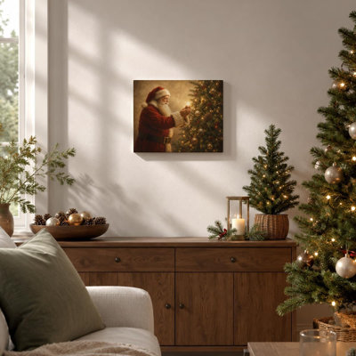 Santa Christmas Tree Wall Art Holiday Christmas Canvas Print Framed,Vintage Santa Admiring Glowing Christmas Tree Print, Warm Christmas Decor for Living Room Bedroom Entryway Office 8 x 10 Inch