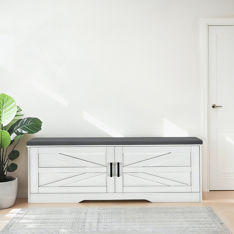 Banc de rangement à 2 niveaux, banc à chaussures de ferme avec coussin de siège rembourré, banc d'entrée avec 2 portes de grange et 2 tablettes réglables