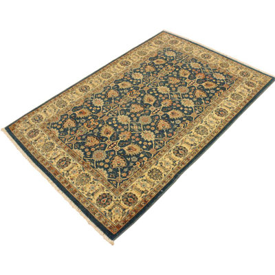 Tapis oriental ivoire / bleu sarcelle en laine noué à la main 4 pi 2 po x 5 pi 11 po Oriental