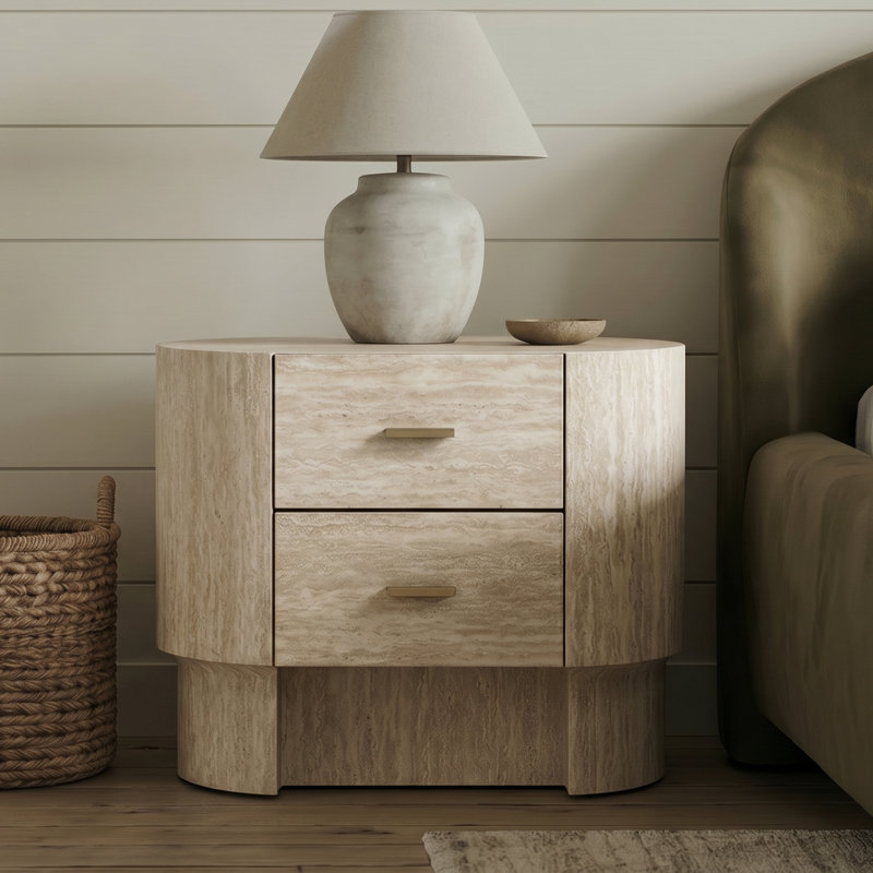 Table de chevet moderne en travertin courbé avec 2 tiroirs, table de chevet beige