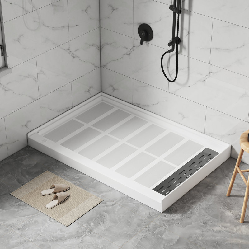 Single Threshold SMC Shower Pan Base With Drain Assembly & Drain Cover, Non-Slip, Right