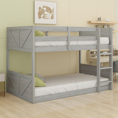 Floor Bunk Bed With Panelled Headboard And Footboard, Solid Wood Foundation With Safety Guardrails, Built-In Ladder