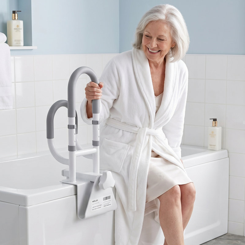 Adjustable Bathtub Safety Rail for Seniors, Safety Bathtub Handles | Double Non Slip Grips Supports 220lbs, Clamp Bath & Shower Grab Bar for Elderly