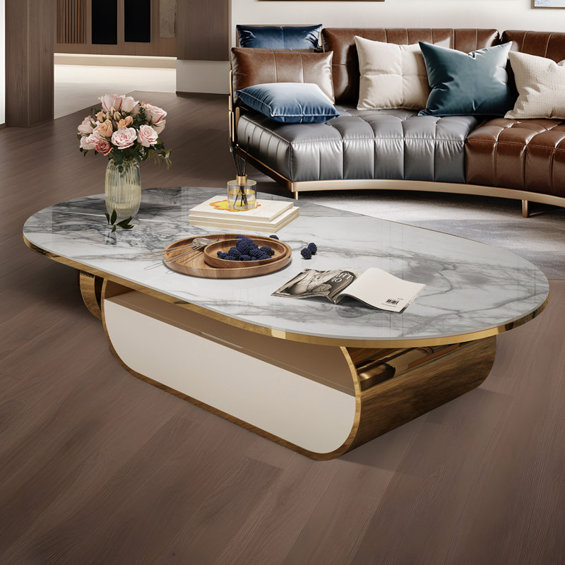 Table basse ovale en faux marbre avec tiroir de rangement