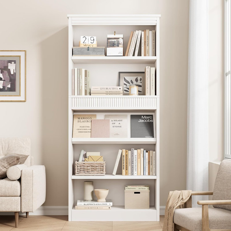 71'' White Farmhouse Wood Bookshelf with Display Rack, 5-Tier Tall Bookcase for Office, Library, or Living Room, White