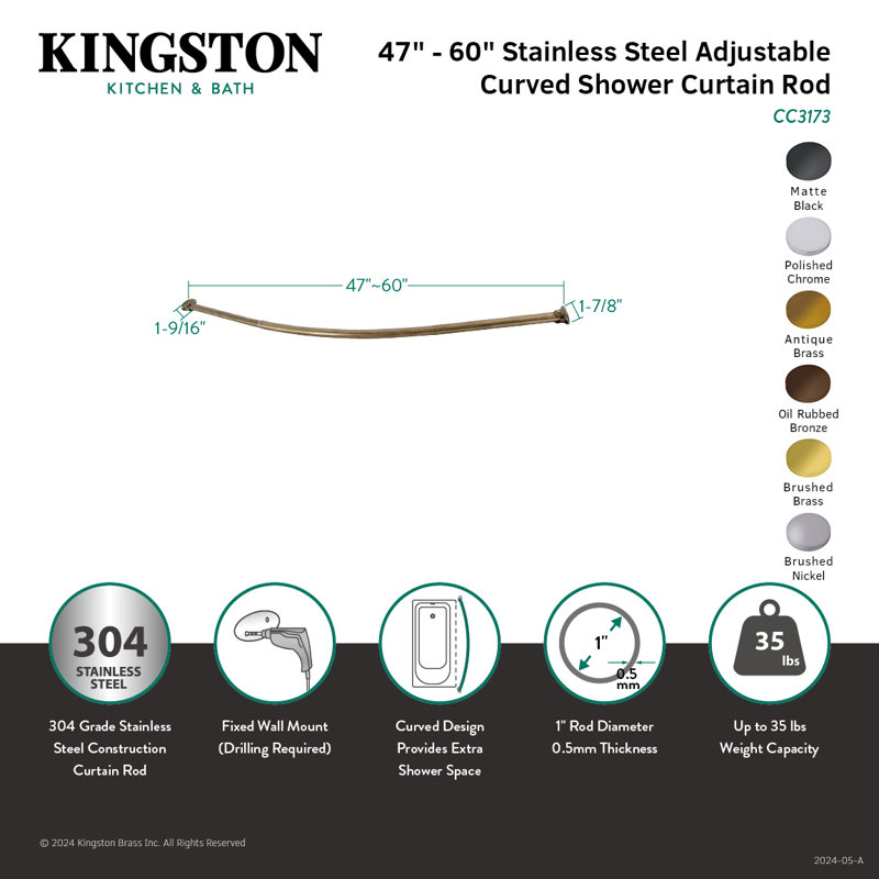Adjustable Brushed Nickel Curved Shower Curtain Rod