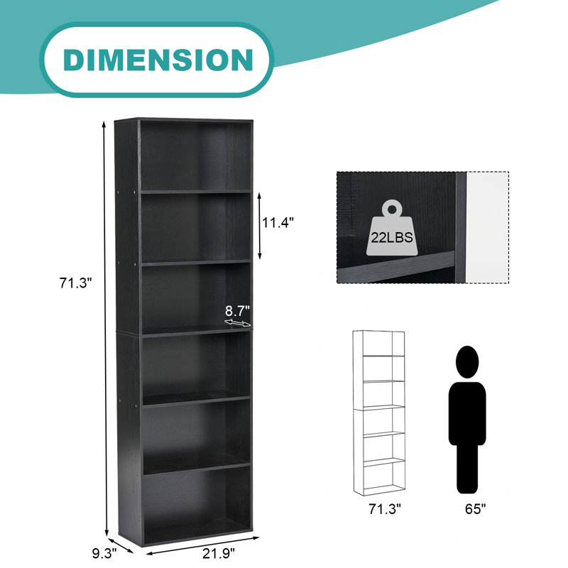 Kimm Tall Bookshelf, Standard Bookcase with Storage, Free Standing Display Shelf, (6 Shelves) 71.3" H x 21.9" W x 9.3" D
