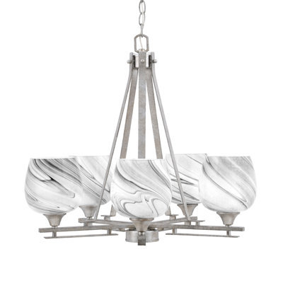 Uptowne 5 Light Uplight Chandelier Shown In Aged Silver Finish With 6" Onyx Swirl Glass