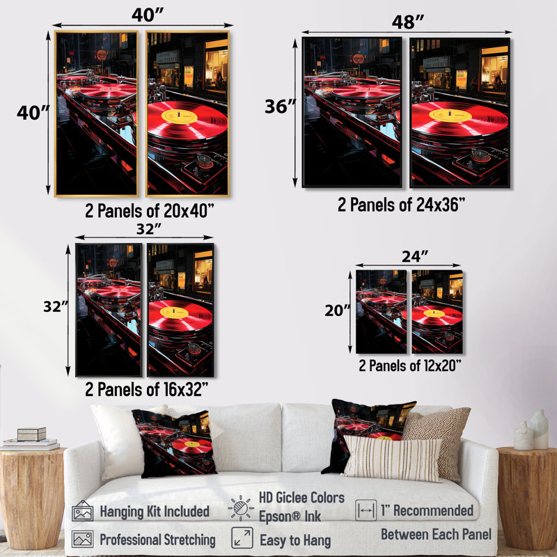 Platines vinyle mauves et noires - art mural moderne sur toile, H 40 po x l 40 po, Impression encadrée flottante, Doré