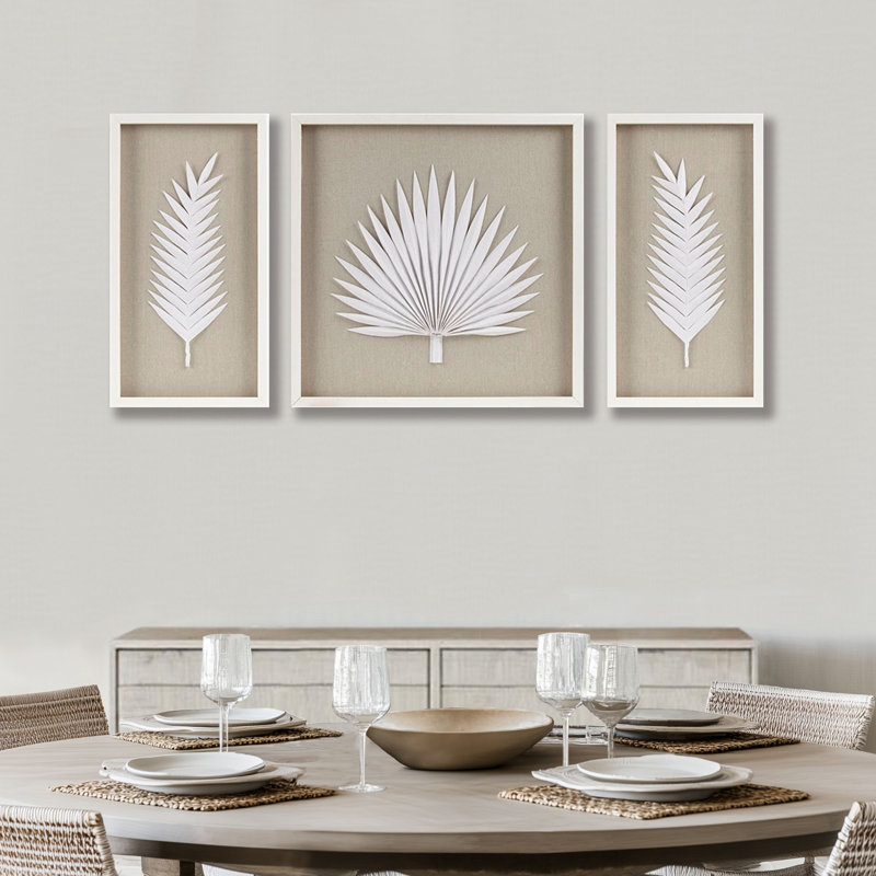Sabal Off-White Framed Shadowbox 3-Piece Wall Art Décor Set with Handmade Rice Paper Palm Leaves