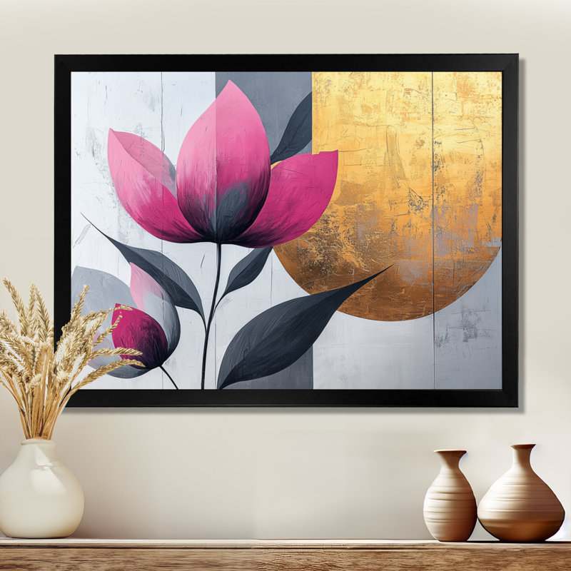 Fleurs de lotus dorées, forme pure VI - art mural grand lotus, H 34 po x l 44 po, Cadre simple, Noir