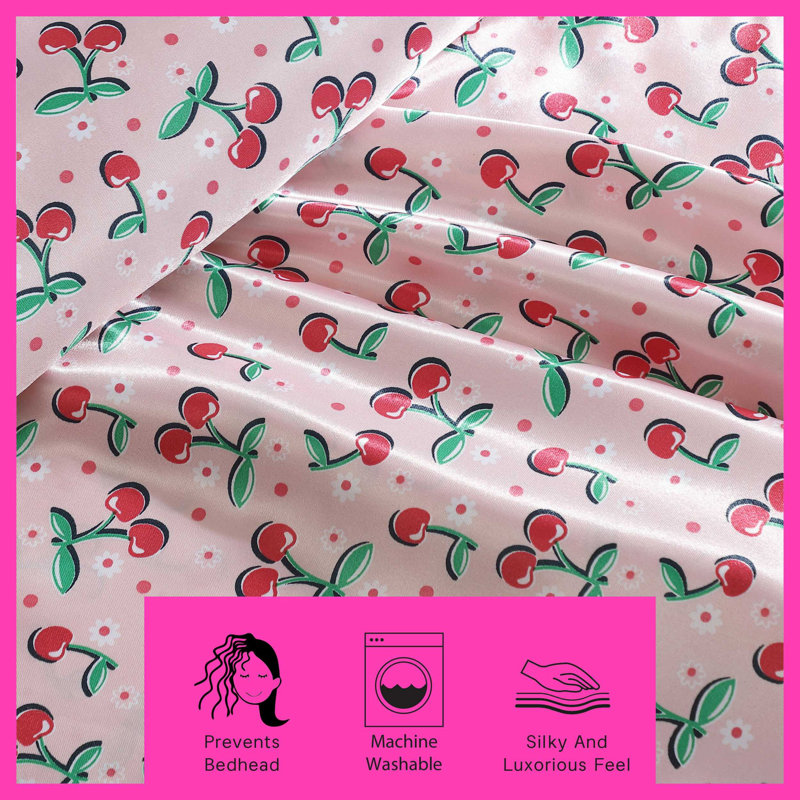 Betsey Johnson Soft Satin Sheet Sets, Twin Sheet Set with 1 Pillowcase, Pink Cherry