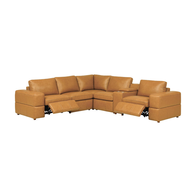 Thampstra Leather Match Reclining Modular Sectional, Ginger Leather Match
