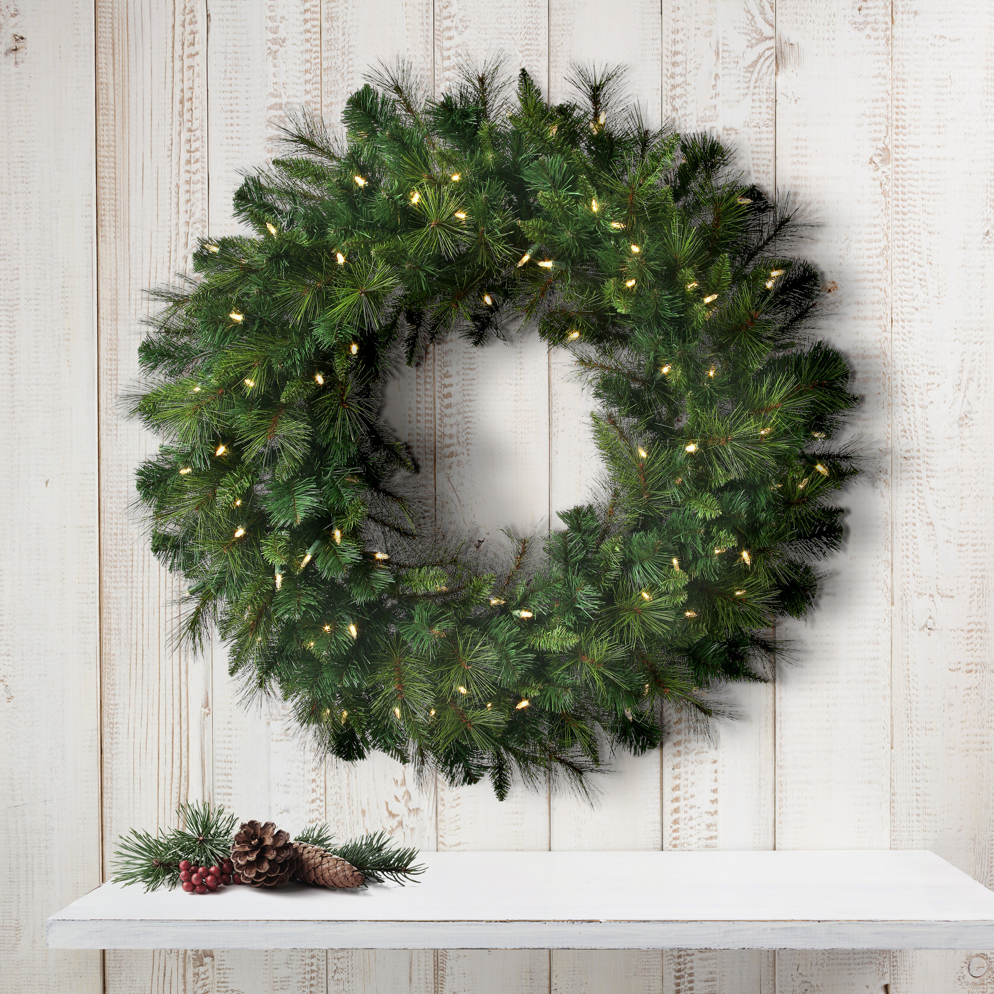 Surrey Faux Lighted Pine Wreath, 30" H x 30" W x 3" D