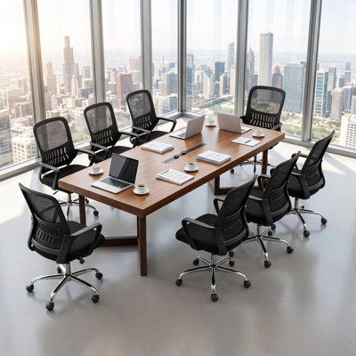 Large Solid Wood Conference Table Set, Rectangular Meeting Table with 8 Adjustable Mesh Chairs