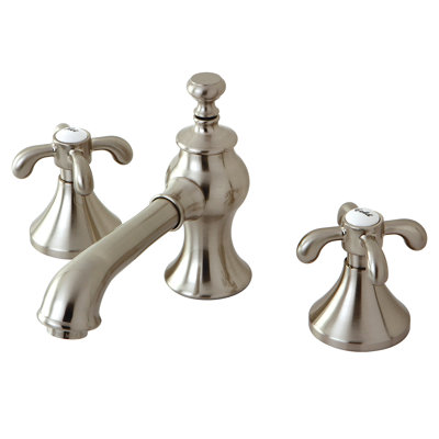Kingston Brass French Country Two-Handle 3-Hole Deck Mount Widespread Bathroom Faucet with Brass Pop-Up Drain