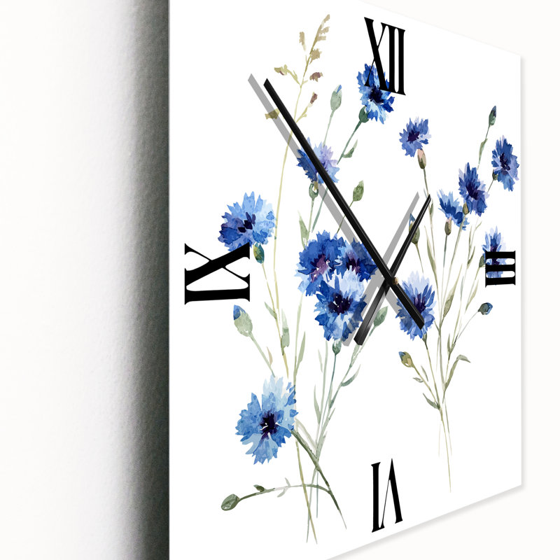 Blue Cornflowers with Green Leaves III - Traditional Wall Clock, Small