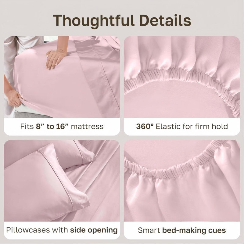 Pink 100% Cotton Queen Sheet Set, 400-Count Satin Deep Pockets, Elasticated Fit, Soft And Durable.