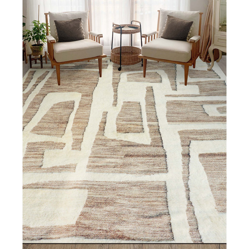 Hand Knotted Wool Abstract Area Rug in Ivory, Rectangle 8' x 10'