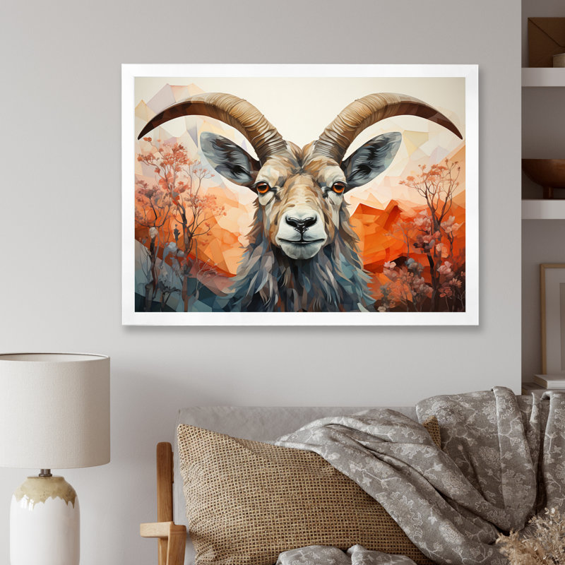 Goat Mountain Explorer géométrique - Chèvre, art mural, H 12 po x l 20 po x P 1 po, Cadre photo blanc