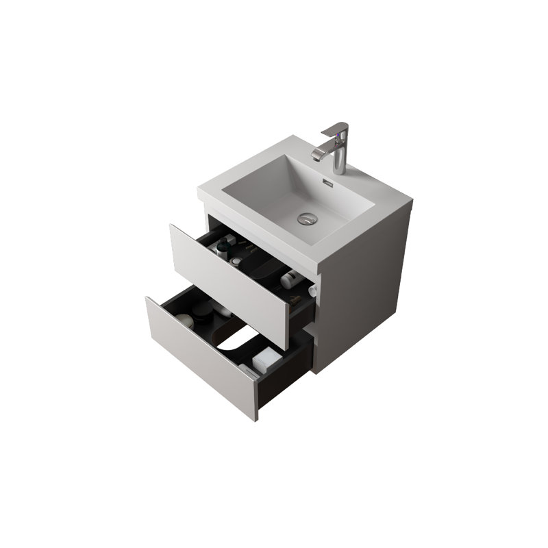  Meuble-lavabo flottant blanc minimaliste 24 po avec lavabo en résine intégré et tiroirs en U, 24"