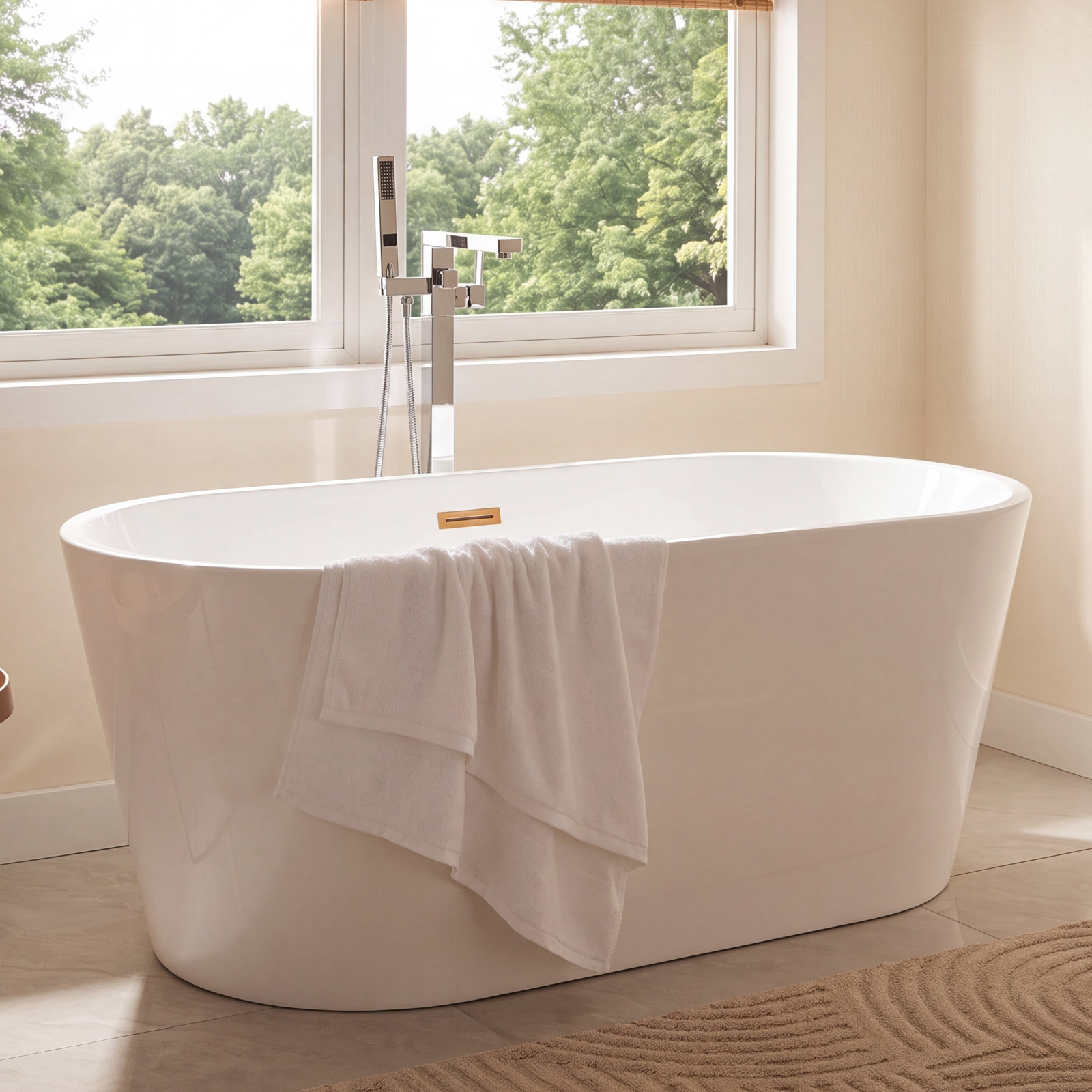 Iris 59" Freestanding Soaking Acrylic Bathtub, White/Titanium Gold