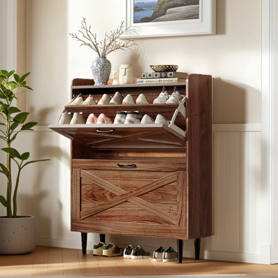 2 Flip 1 Barrier Barn Door Shoe Cabinet Melamine Embossed 31.6In Walnut