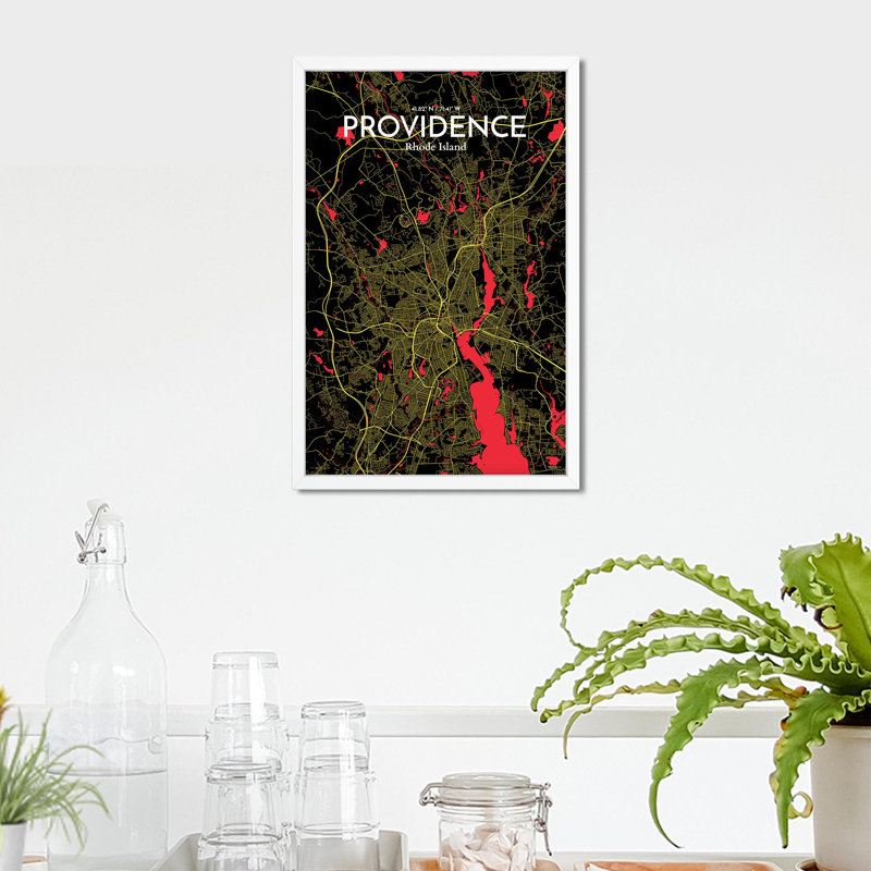 Providence, carte de la ville, impression, H 17 po x l 11 po, Noir / rouge / jaune