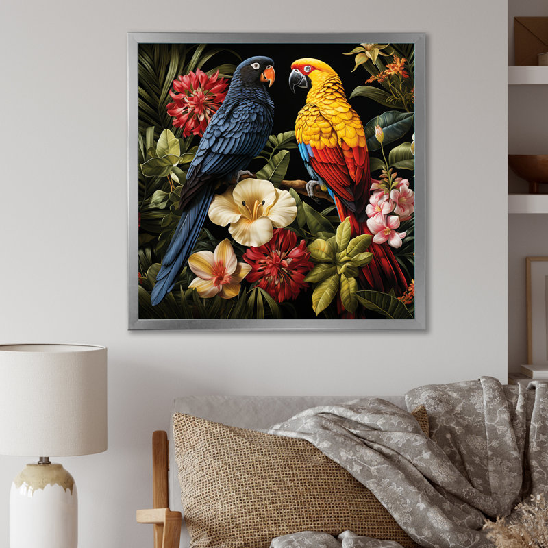 Perroquets tropicaux bleus - art mural perroquet, Argent, H 16 po x l 16 po