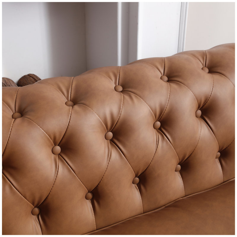 Canapé Chesterfield classique en similicuir brun avec structure en bois massif