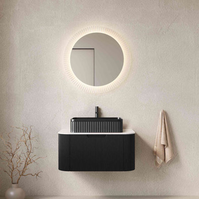 Meuble-lavabo de salle de bain avec lavabo, meuble de rangement mural à bords courbés et rayés avec 2 tiroirs, lavabo rectangulaire en céramique, sans robinet, pré-assemblé